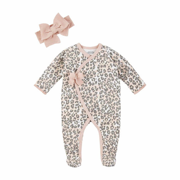 MudPie Pink Leopard Snap Sleeper & Headband Set 6-9 months