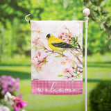 Yellow Finch and Cherry Blossoms Burlap Garden Flag