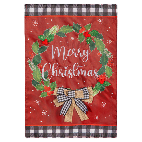 Merry Christmas Wreath Applique Garden Flag