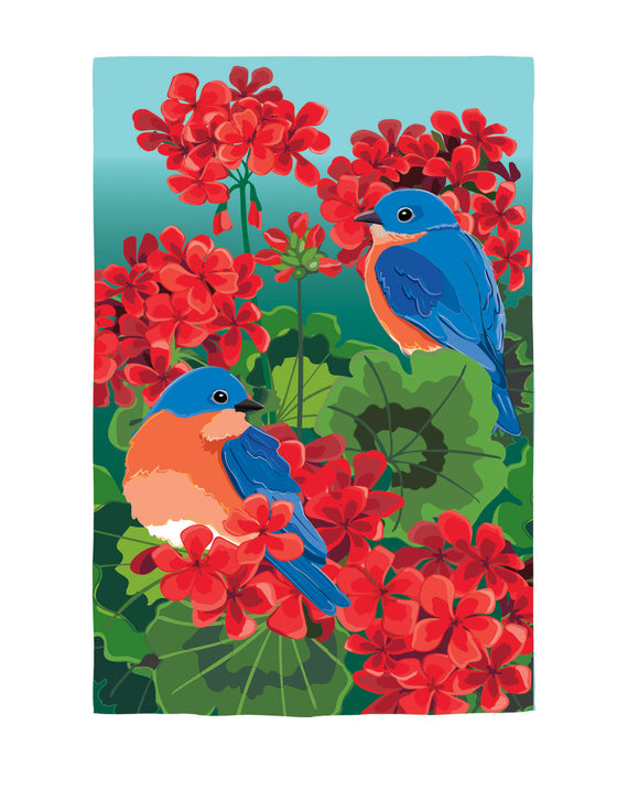 Bluebird in Red Geraniums Applique Garden Flag