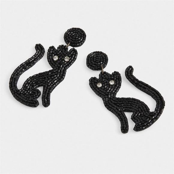 Black Cat Beaded Earrings Black