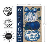 Chinoiserie Welcome Pumpkin Burlap Garden Flag