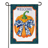 Pumpkin With Chinoiserie Bow Burlap Garden Flag