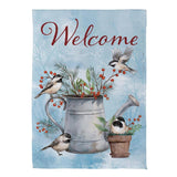 Snowbirds Chickadee Watering Can Suede Garden Flag