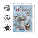 Snowbirds Chickadee Watering Can Suede Garden Flag