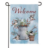 Snowbirds Chickadee Watering Can Suede Garden Flag
