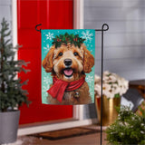 Happy Winter Goldendoodle Suede Garden Flag