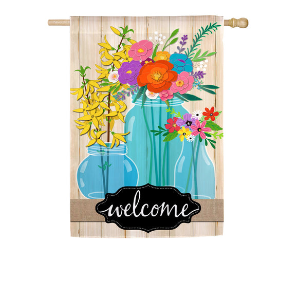 Blue Glass Floral Welcome House Linen Flag