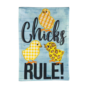 Patterned Chicks Rule Garden Burlap Flag