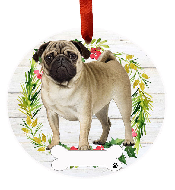 Ceramic Wreath Ornament Pug Full Body