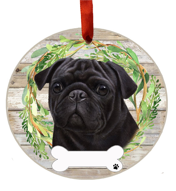 Ceramic Wreath Ornament Pug Black