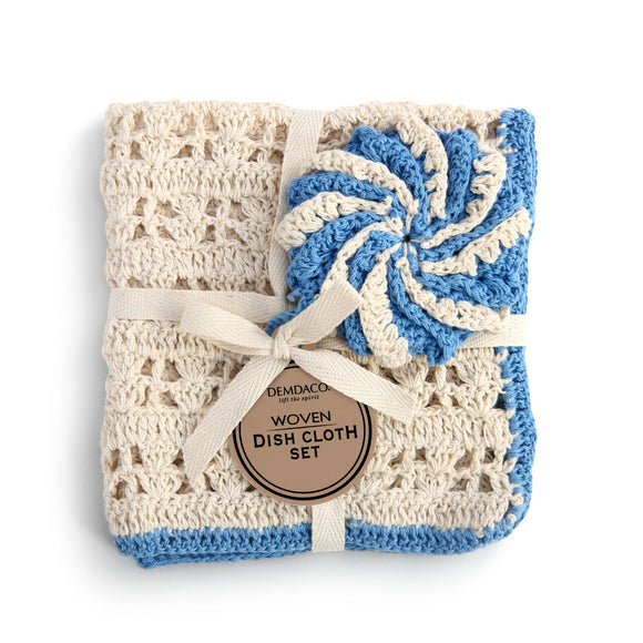 Demdaco Blue Woven Dish Cloth and Scrubber Set